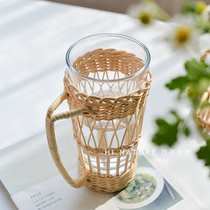 White rattan hollow braided cup cover household retro with handle cup Rattan cup summer drink beer cup ins Korean style