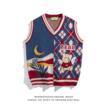 Wukong stock retro jacquard cartoon embroidery V-neck knitted vest men and women tide brand loose couple casual sweater
