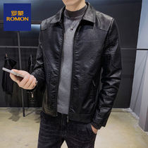 Romon leather leather mens spring and autumn thin Korean slim fashion trend plus velvet casual motorcycle jacket mens jacket
