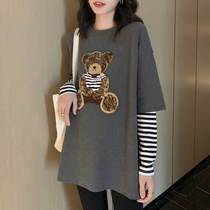 Age-reduced Cartoon Net red coat pregnant women autumn fashion new bottoming tide mother striped sleeve maternity two T-shirt