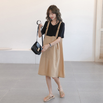 Contrast color fake two-piece strap skirt ~ Maternity summer loose medium-long thin trendy mom casual out dress