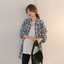 Switch freely shirt ~ maternity dress 2021 Spring and Autumn new design sense niche Tide mother thin sea blue grid shirt
