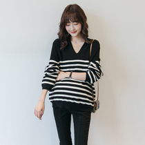 Spring Autumn Clothing Pregnant Women Online Red style Fashion Striped Knitted Spicy Mother Casual Long Sleeve Blouse Loose big code slats bottom fur coat