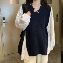 Sweater Collared Striped Sweatshirt ~ Fashion Personality Splicing Gestation Maternity Dress Shirt Spring Autumn Season Nets Red Fried Street Moms Out Clothes