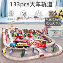Wooden rail car high-speed train childrens educational toy assembly with scene set large electric train
