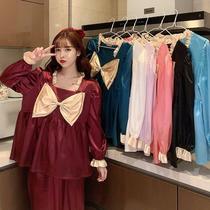New womens pajamas summer ice silk fabric long sleeve two-piece set of real imitation silk fabric can be worn outside set home clothes