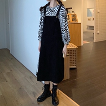 Pregnant women autumn suit Fashion Net red loose small shirt strap dress long two-piece set