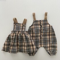 Hanfeng baby Korean version of ins infant Japanese style dress strap skirt Plaid strap pants spring and autumn