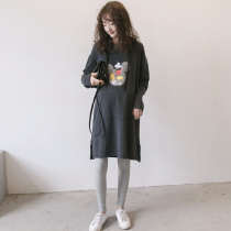 Pregnant women T-shirt long cotton spring long sleeve hooded dress 2021 new T-shirt skirt base shirt maternity
