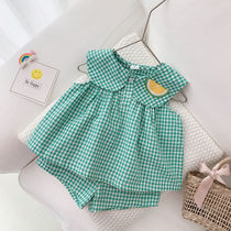 Girls summer suit 2021 new childrens Korean plaid two-piece set baby doll collar top shorts tide