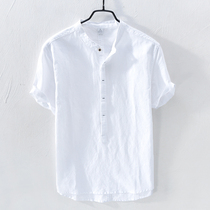 Short-sleeved t-shirt mens 2021 summer new cotton linen white shirt casual trend stand-up collar linen slim-fit shirt