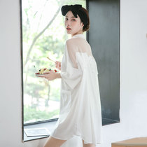 Night dress womens summer thin cool ice silk sexy skirt Mid-length white shirt loose plus size lace pajama skirt