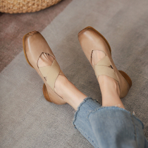 Xu Xiansen Handmade Ballet Shoes Woman 2022 Retro Strap Square Head Genuine Leather Coarse Heel Single Shoe Flat With Grandma Shoes
