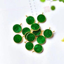 Natural Jade A goods round brand naked stone Green spicy green round flat buckle 18K inlay inlay brand pendant pendant