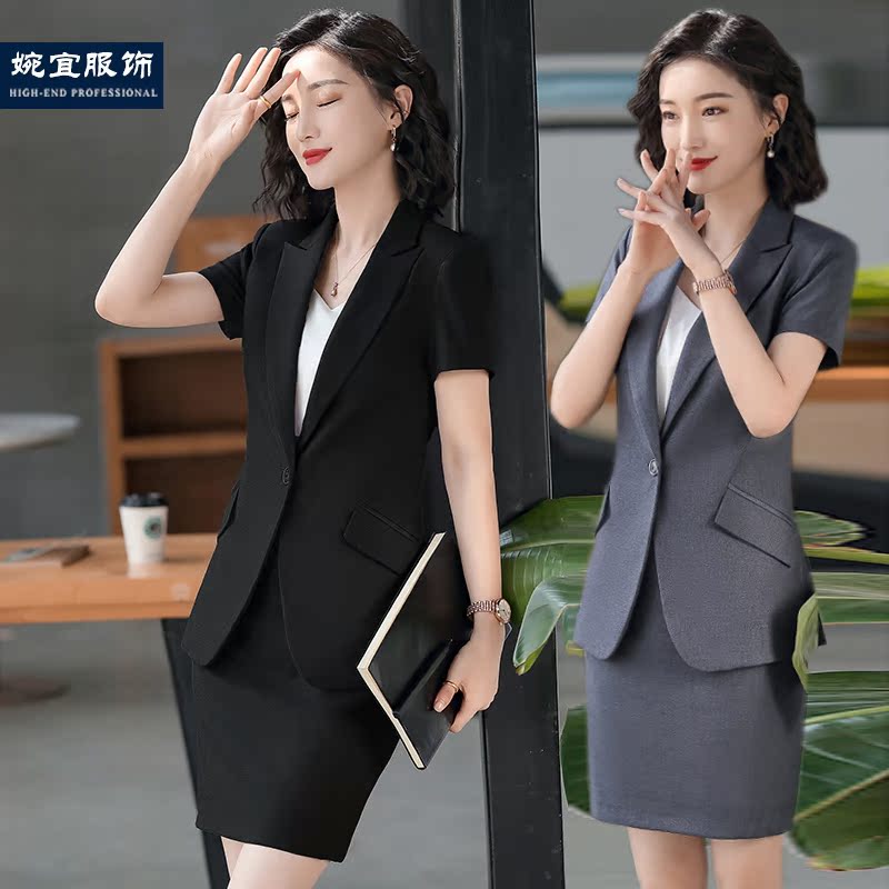 Korean version of the professional womens wear suit summer short-sleeved skirt show thin slew collared small suit short-sleeved womens dress