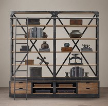 American industrial wind bookshelf Wrought iron solid wood shelf with stairs Creative full wall bookcase display rack Furniture customization