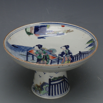 Qing Kangxi Blue and White Dou Cai Beauty Picture High Foot Fruit Pangu Antique Porcelain Organs Folk Antique Old Goods Collection