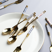 European gold stainless steel coffee spoon Creative ceramic handle mixing spoon Dessert spoon Short handle spoon