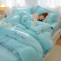 Simple cotton double-sided milk velvet sheets four-piece solid color Falaise Coral velvet non-slip bedspread lace quilt cover