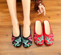 New red summer flat bottom old Beijing embroidered cloth slippers Baotou home semi-drag female folk slippers beef tendons