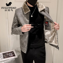 Rich bird leather clothing men plus velvet winter fashion casual trend slim wool collar thick leather jacket coat mens clothing