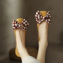 GANAIER niche design ~ fa style retro light mouth genuine leather single shoes female butterfly knot square head flat bottom shoes 1CM