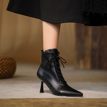 GANAIER heavy new ~ French vintage leather strap fine boots female new high heel 7 5CM