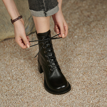 GANAIER heavy new push giant thin English leather thick heel Martin boots pad female locomotive short boots 6CM