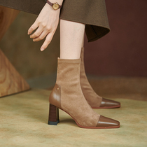 GANAIER full of design sense ~ boots Women square head autumn and winter thick heel retro elastic thin boots 7 2CM