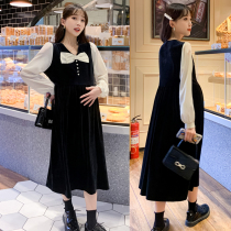 Pregnant womens autumn wear new Korean version of long dress fashion large size loose thin fake two skirt tide