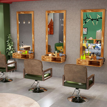 Solid Wood retro barber shop mirror hairdressing shop mirror table hanging wall mirror table cabinet simple floor mirror