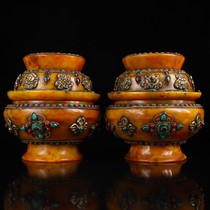 Old piece Old Tibetan pure handmade honey wax inlaid with green pine jewel auspicious Eight pagog Tudover Buddha Jar Pendulum pair