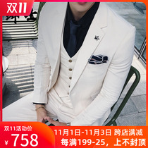 White suit men Korean slim double-breasted mens suit three-piece set high-end groom wedding dress