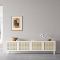  Nordic solid wood TV cabinet Living room rattan storage cabinet Small apartment Japanese style light luxury modern floor-to-ceiling TV cabinet