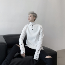 Korea autumn and winter fashion personality base designer button decoration high collar male slim bottom sweater thin sweater