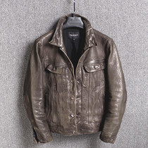 New Japanese vintage old mens clothing Full vegetable tanned sheepskin Non-coated water-dyed denim jacket Leather leather jacket