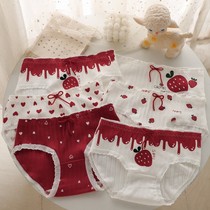 Korean ins New Year red Christmas red underwear strawberry bow cotton bottom crotch middle waist briefs women