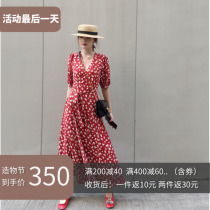 Red floral dress womens 2021 summer new waist thin wave point chiffon skirt medium long French skirt