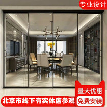 Black narrow side linkage glass door balcony kitchen sliding door toilet partition titanium magnesium aluminum alloy sliding door customization