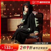 Palace butterfly coral fleece pajamas women fall winter flannel plus velvet padded home clothing jumpsuit nightgown suit can be worn outside
