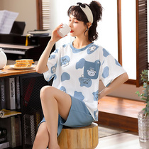 Gong Butterfly Summer Pajamas Womens Cotton Thin Round Neck Sleeve Set Summer Casual Plus Size Cool Shorts Home Clothes