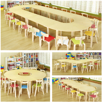 Kindergarten solid wood tables and chairs childrens combination learning table early education training class splicing large desks Primary School students art table