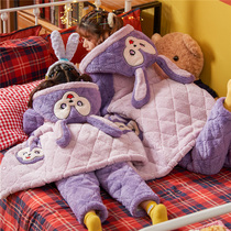 Children's Pajamas Winter Thickened Three-Layer Cotton Large Girls Coral Fleece Parent-Child Nightgown Home Clothes Set