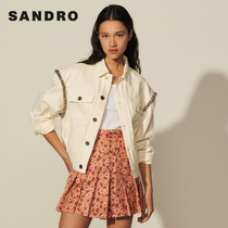 sandro 2021 spring and summer new womens rhinestone decoration primary color washed off-shoulder denim jacket SFPBL00520