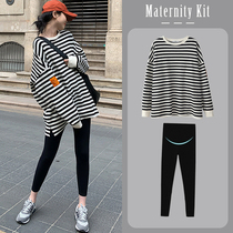 Pregnant Woman Spring Clothing Wear and clothing Han version loose Gestational Woman Dress Striped Sweatshirt Spring Dress Suit 2022 New Blouse Women