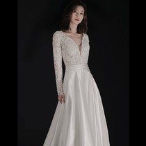 Studio theme exhibition new Korean white satin Hepburn wind tail couple photo wedding photo photography dress
