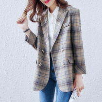 Pink Elephant Home Port flavor retro plaid suit jacket female Spring and Autumn New Korean double-breasted temperament Lady small suit