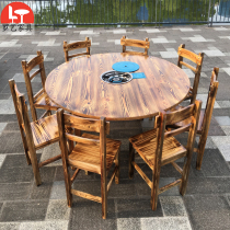 Solid wood hot pot restaurant table and chair induction cooker gas stove integrated hotel size round table farmhouse table