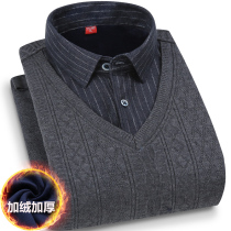 Paul winter fake two warm shirt men plus velvet thick shirt middle-aged father knit shirt top