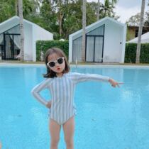 Korean girl new cute blue and white striped bow sunscreen zipper long sleeve holiday baby one-piece swimsuit